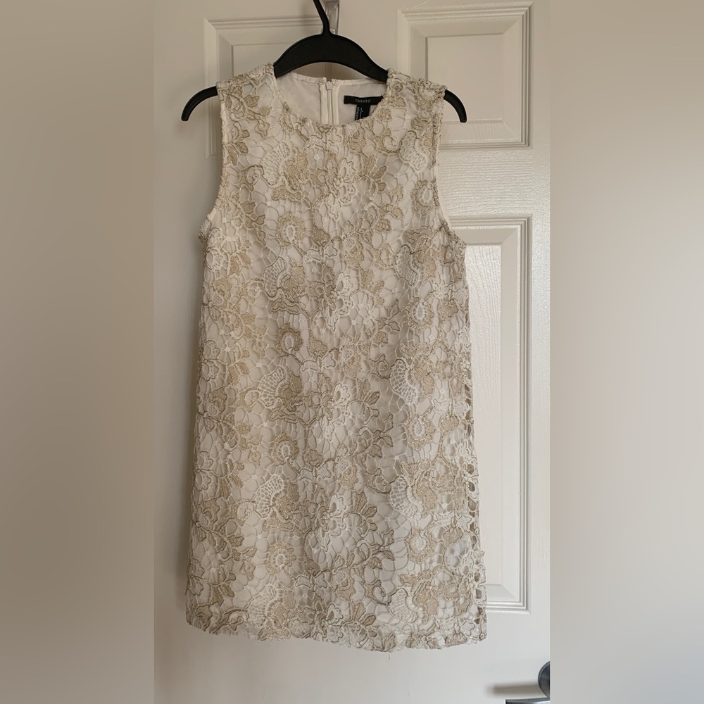 Cream Cocktail Dress w/ Gold Lace